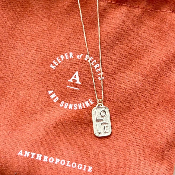 NEW Anthropologie Love Dog Tag Necklace 14K Gold Plated Adjustable Chain - Picture 2 of 8